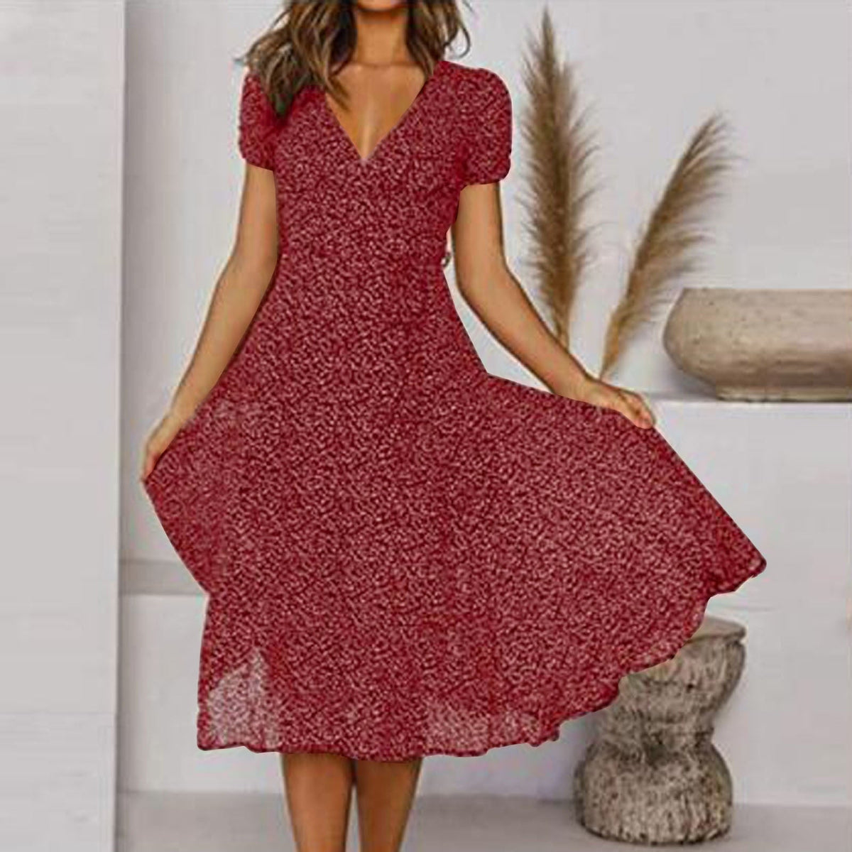 Pauline | Women's V-Neck Puff-Sleeve Swing Midi Dress
