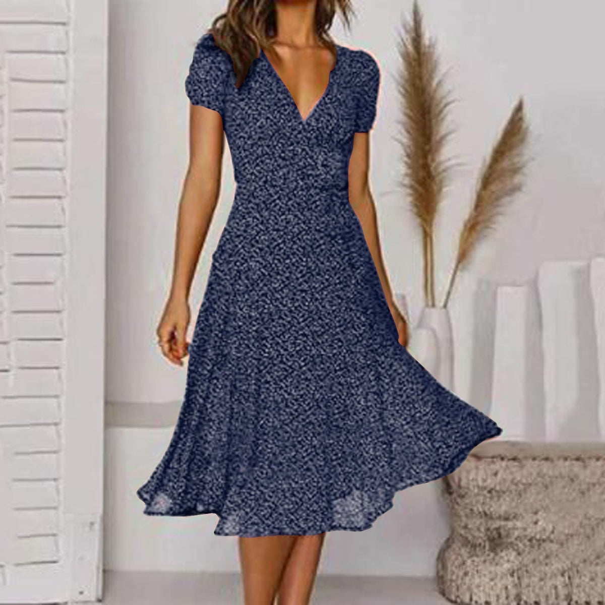 Pauline | Women's V-Neck Puff-Sleeve Swing Midi Dress