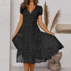 Pauline | Women's V-Neck Puff-Sleeve Swing Midi Dress