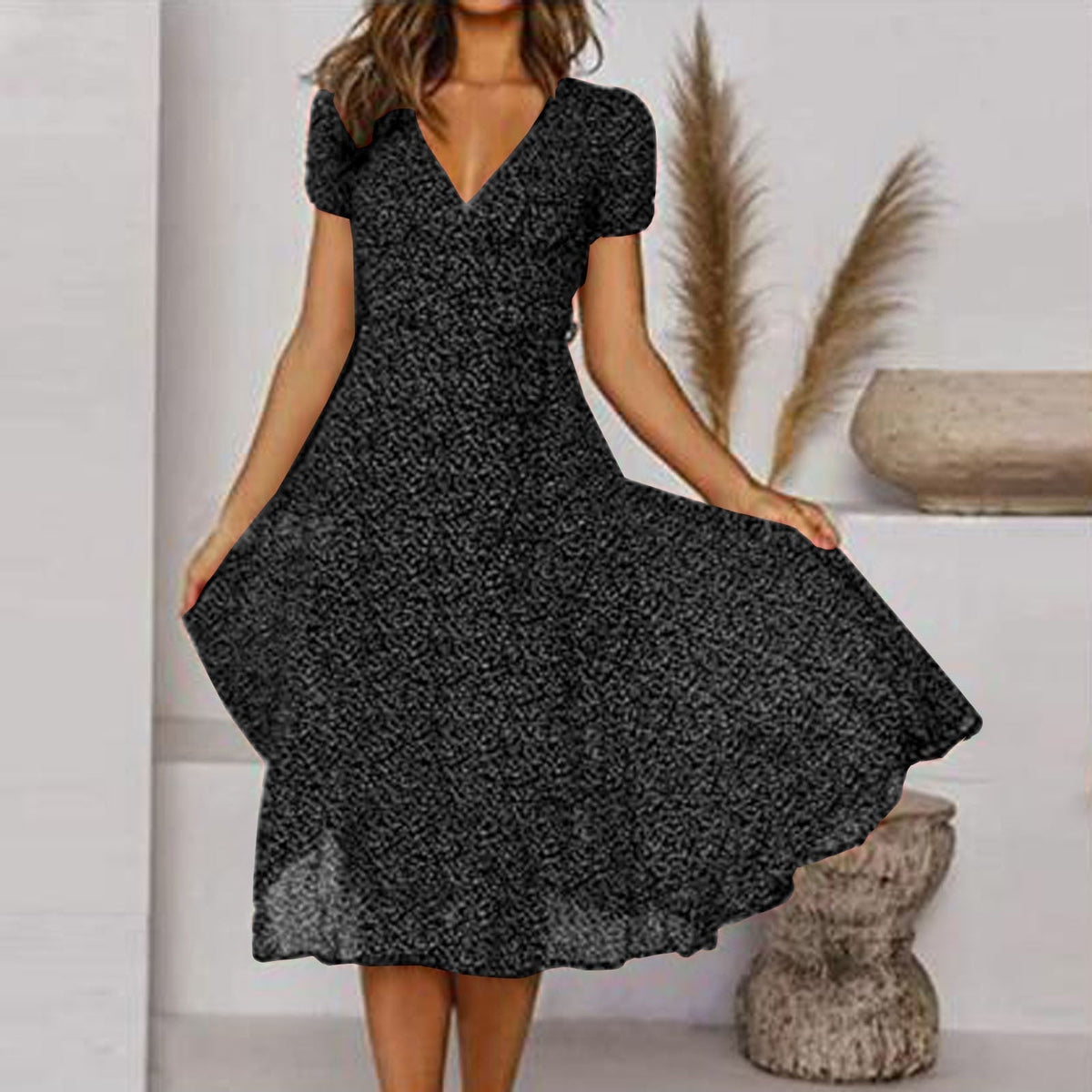 Pauline | Women's V-Neck Puff-Sleeve Swing Midi Dress
