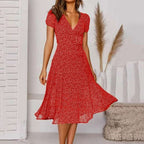 Pauline | Women's V-Neck Puff-Sleeve Swing Midi Dress
