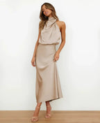 Andrea | Women's Halter-Neck Satin Midi Dress with Ruched Waist