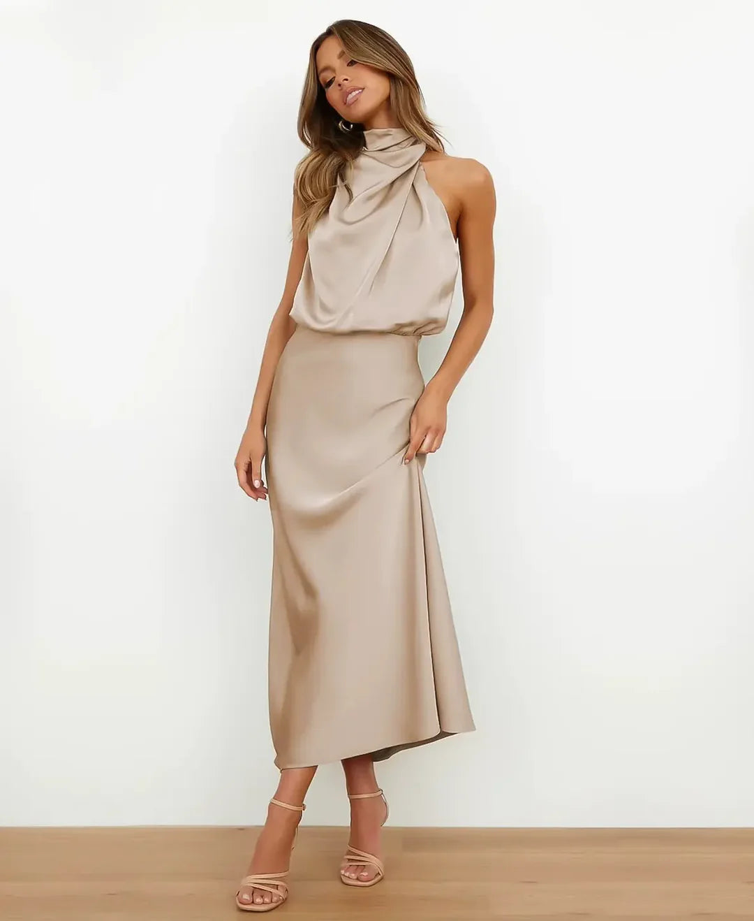Andrea | Women's Halter-Neck Satin Midi Dress with Ruched Waist