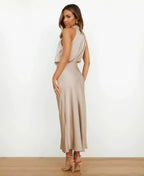 Andrea | Women's Halter-Neck Satin Midi Dress with Ruched Waist
