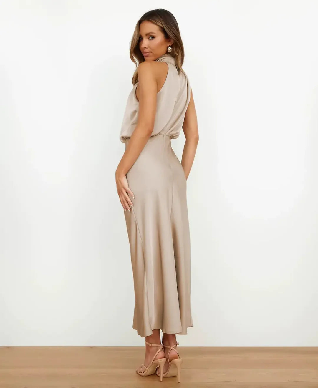 Andrea | Women's Halter-Neck Satin Midi Dress with Ruched Waist