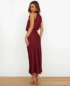 Andrea | Women's Halter-Neck Satin Midi Dress with Ruched Waist