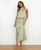 Andrea | Women's Halter-Neck Satin Midi Dress with Ruched Waist