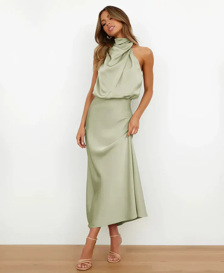 Andrea | Women's Halter-Neck Satin Midi Dress with Ruched Waist