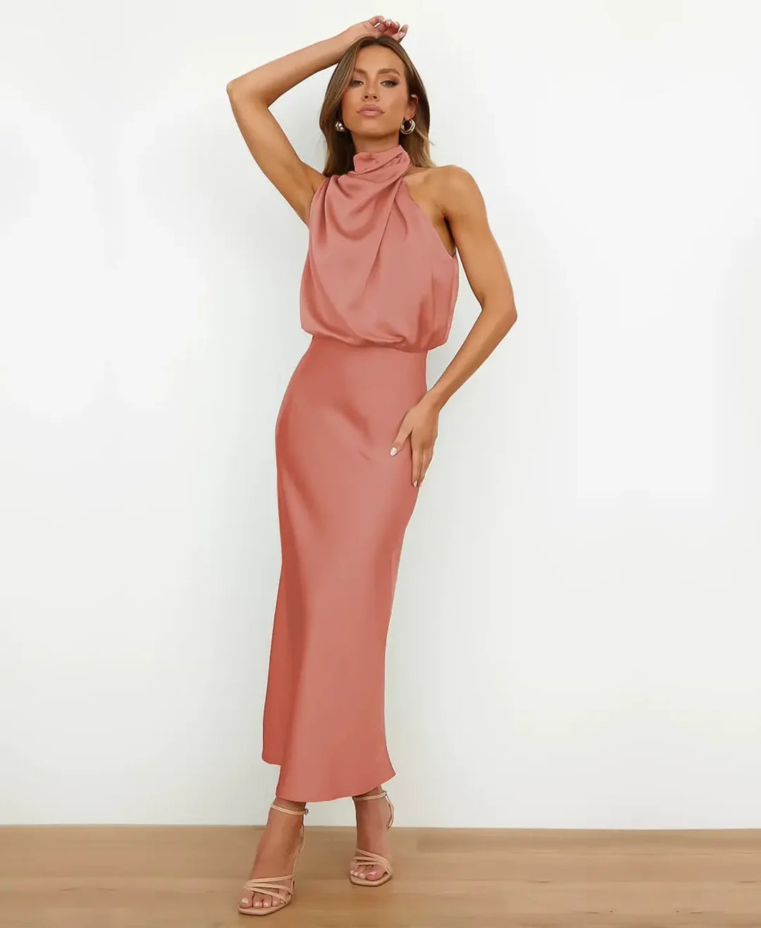 Andrea | Women's Halter-Neck Satin Midi Dress with Ruched Waist