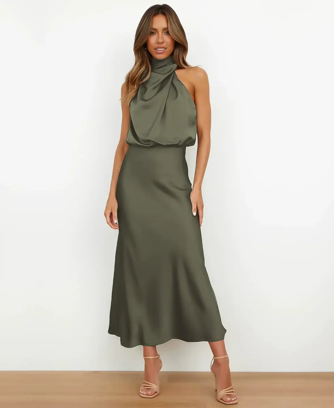 Andrea | Women's Halter-Neck Satin Midi Dress with Ruched Waist