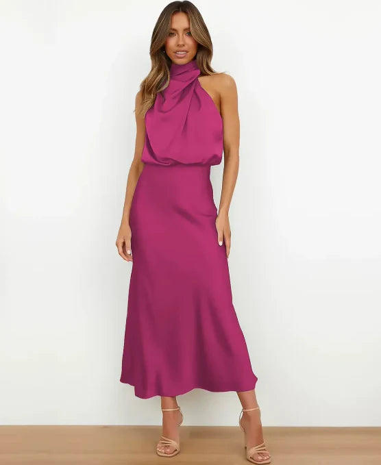 Andrea | Women's Halter-Neck Satin Midi Dress with Ruched Waist