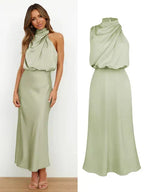 Daphne | Women's High Neck Satin Midi Cocktail Dress