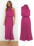 Daphne | Women's High Neck Satin Midi Cocktail Dress