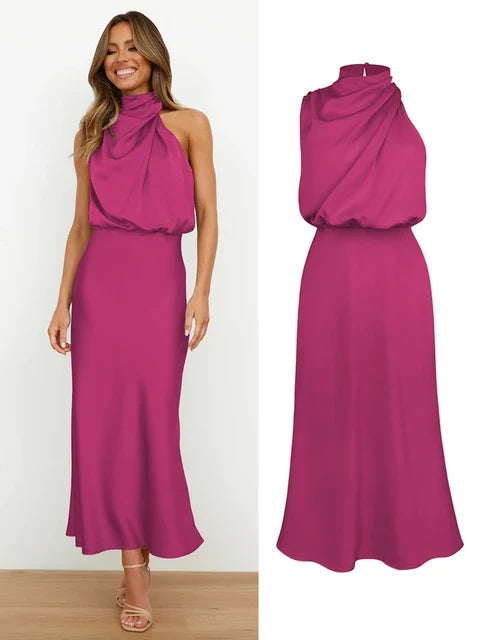Daphne | Women's High Neck Satin Midi Cocktail Dress