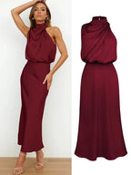 Daphne | Women's High Neck Satin Midi Cocktail Dress