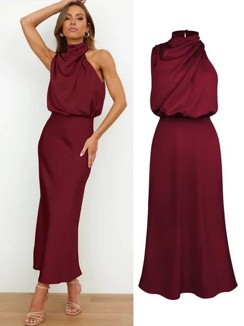 Daphne | Women's High Neck Satin Midi Cocktail Dress
