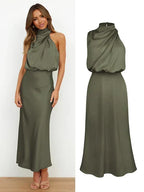 Daphne | Women's High Neck Satin Midi Cocktail Dress