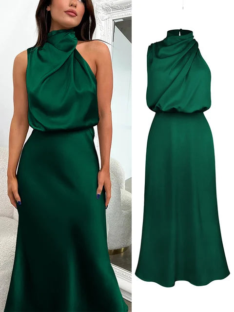 Daphne | Women's High Neck Satin Midi Cocktail Dress