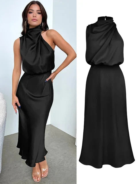 Daphne | Women's High Neck Satin Midi Cocktail Dress