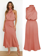 Daphne | Women's High Neck Satin Midi Cocktail Dress