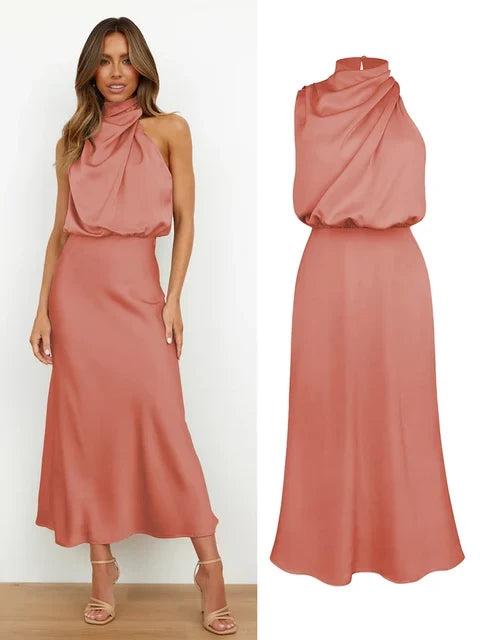 Daphne | Women's High Neck Satin Midi Cocktail Dress