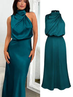 Daphne | Women's High Neck Satin Midi Cocktail Dress