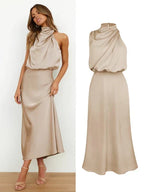 Daphne | Women's High Neck Satin Midi Cocktail Dress