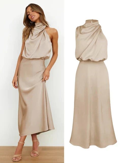 Daphne | Women's High Neck Satin Midi Cocktail Dress