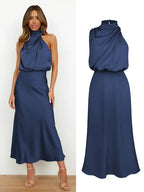 Daphne | Women's High Neck Satin Midi Cocktail Dress