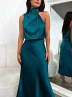 Daphne | Women's High Neck Satin Midi Cocktail Dress