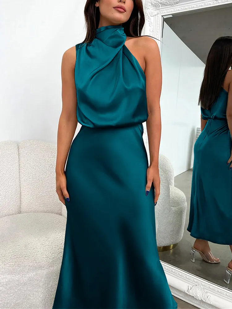 Daphne | Women's High Neck Satin Midi Cocktail Dress