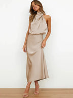 Daphne | Women's High Neck Satin Midi Cocktail Dress