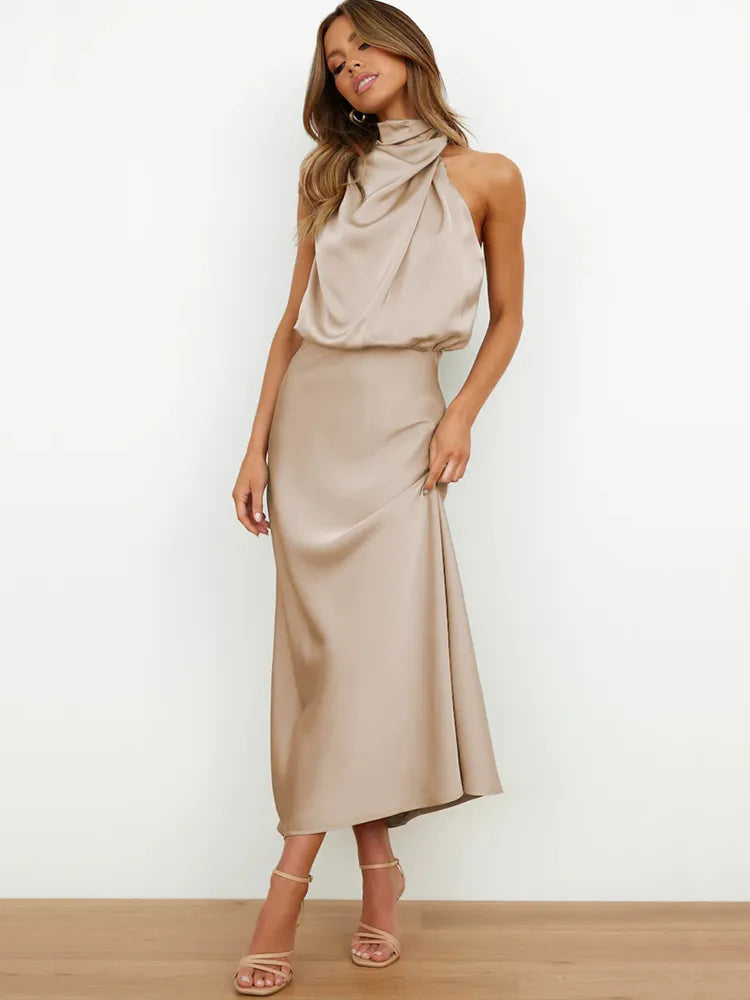 Daphne | Women's High Neck Satin Midi Cocktail Dress