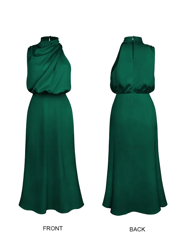 Daphne | Women's High Neck Satin Midi Cocktail Dress