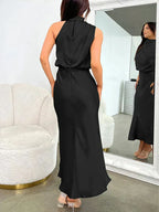 Daphne | Women's High Neck Satin Midi Cocktail Dress