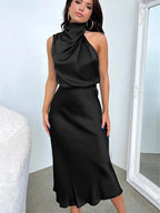 Daphne | Women's High Neck Satin Midi Cocktail Dress