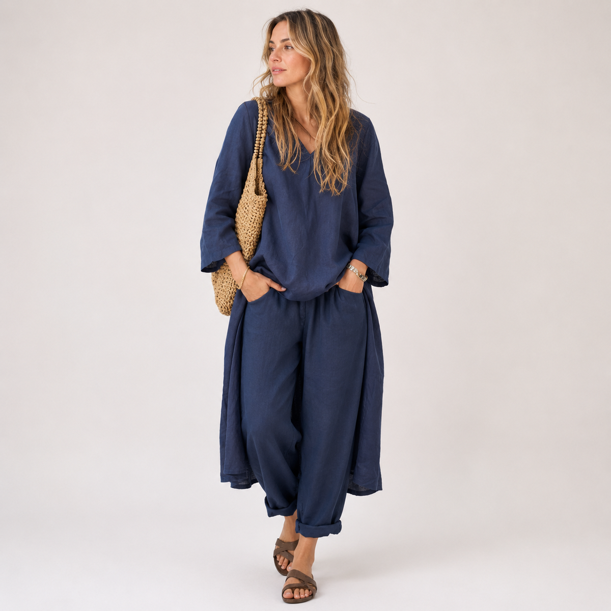Rieke | Women's Relaxed Long Sleeve Shirt and Wide-Leg Pants Two-Piece Set