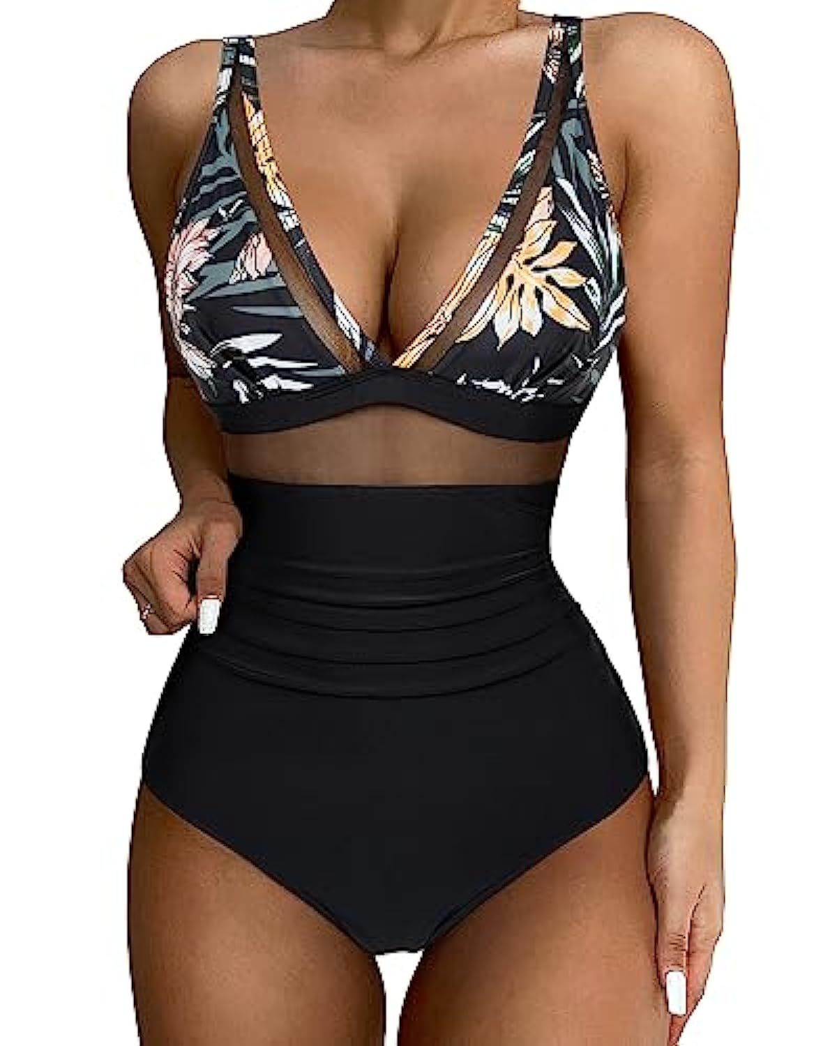 Allegra | Women's High-Waisted Push-Up One-Piece Swimsuit with Mesh Trim