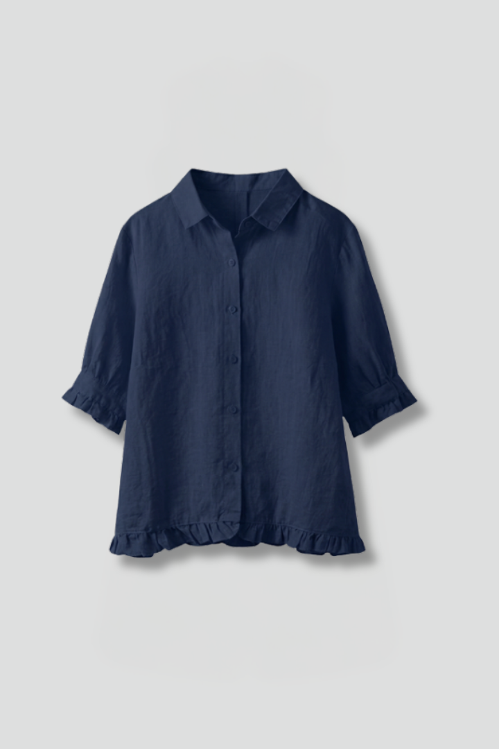 Reinhilde | Women's Collared Short Sleeve Blouse with Ruffle Hem