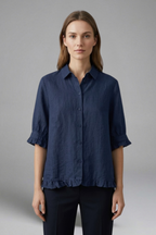 Reinhilde | Women's Collared Short Sleeve Blouse with Ruffle Hem