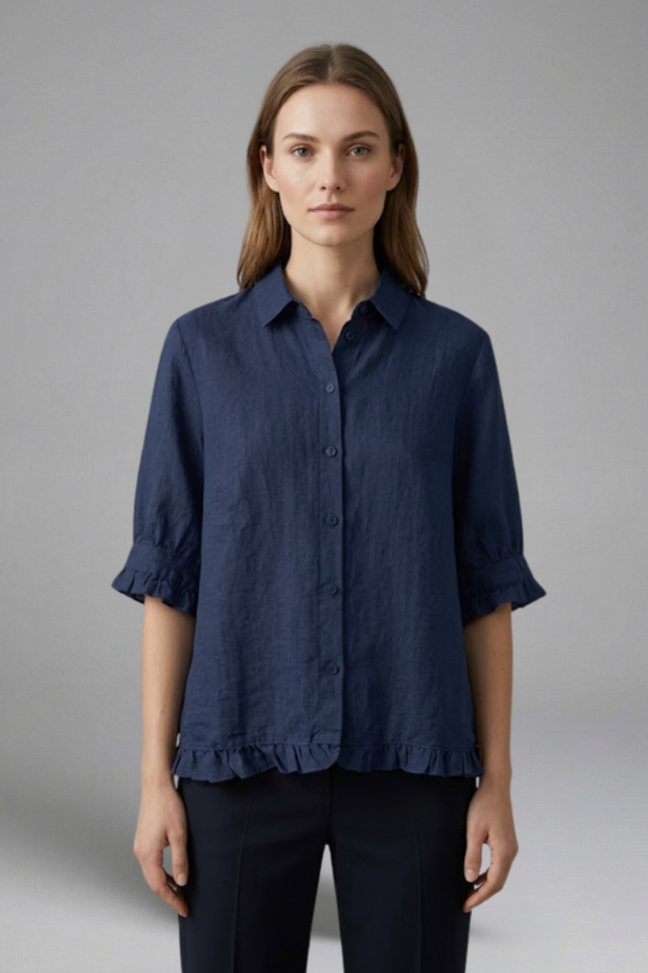 Reinhilde | Women's Collared Short Sleeve Blouse with Ruffle Hem