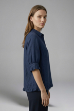 Reinhilde | Women's Collared Short Sleeve Blouse with Ruffle Hem