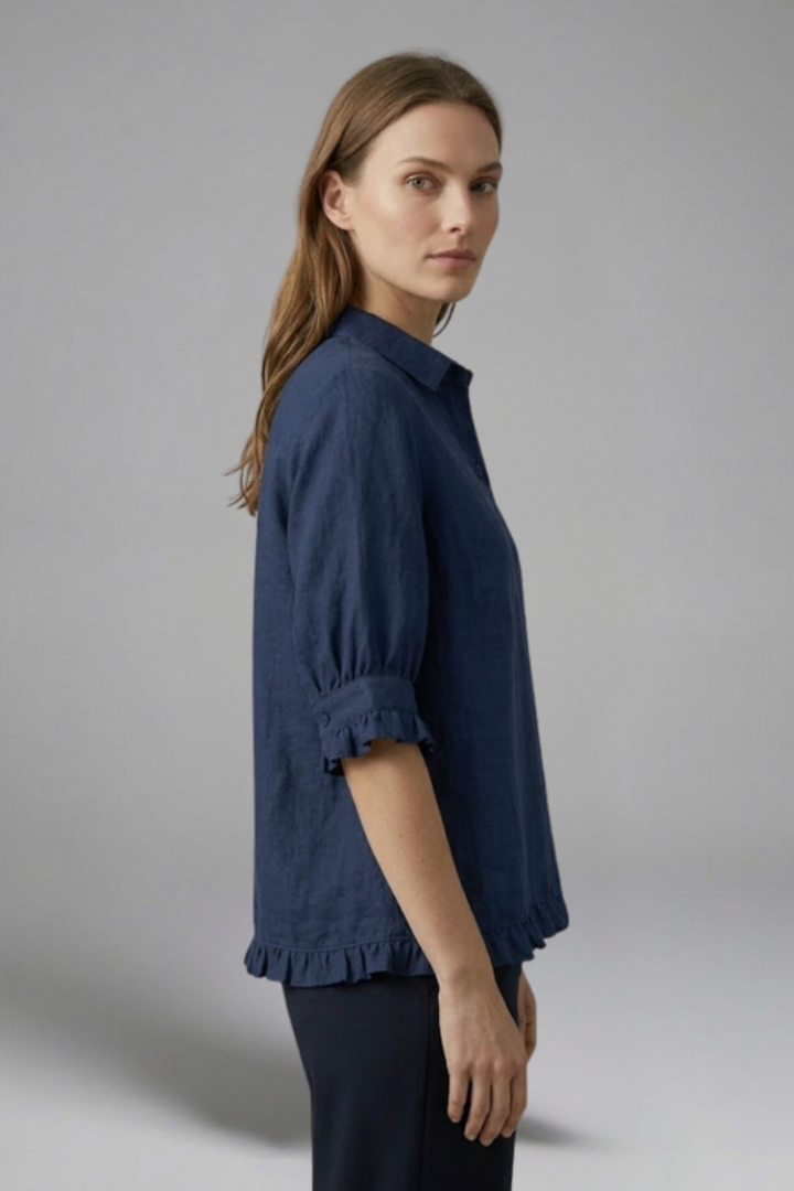 Reinhilde | Women's Collared Short Sleeve Blouse with Ruffle Hem