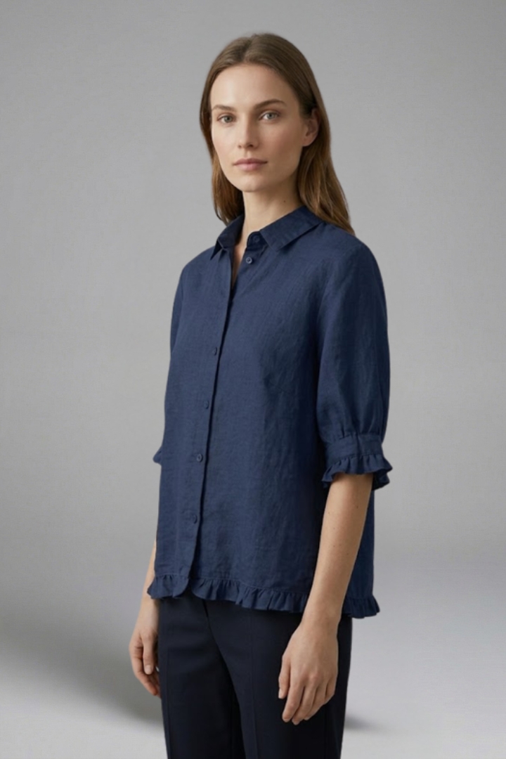 Reinhilde | Women's Collared Short Sleeve Blouse with Ruffle Hem