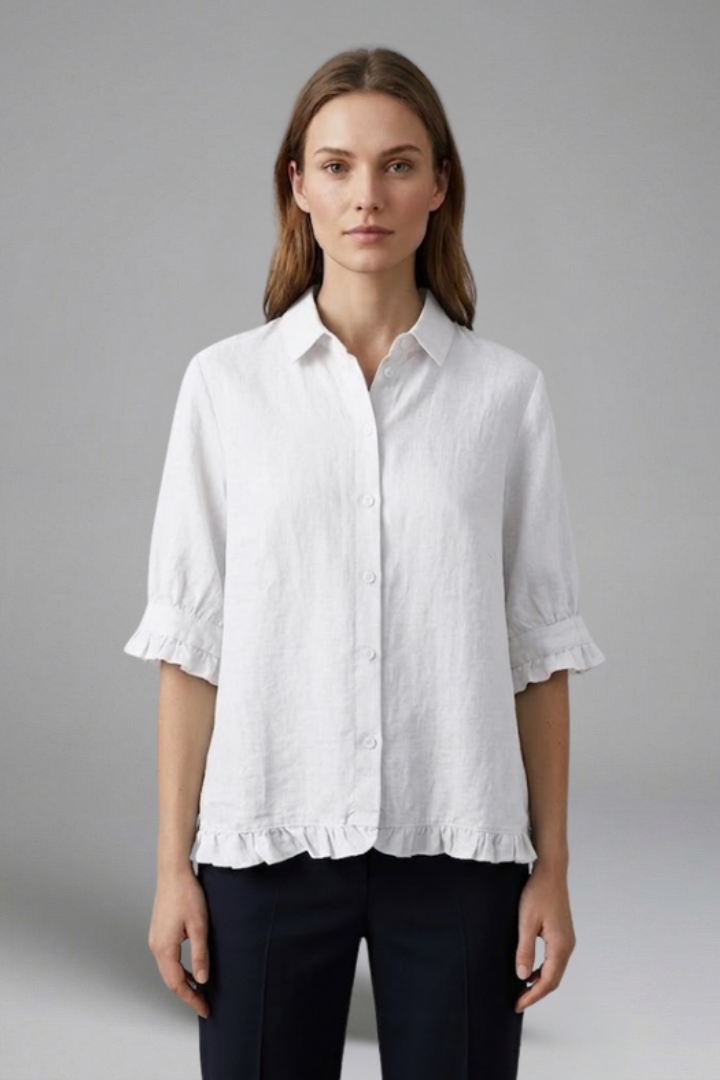 Reinhilde | Women's Collared Short Sleeve Blouse with Ruffle Hem