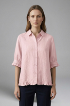 Reinhilde | Women's Collared Short Sleeve Blouse with Ruffle Hem