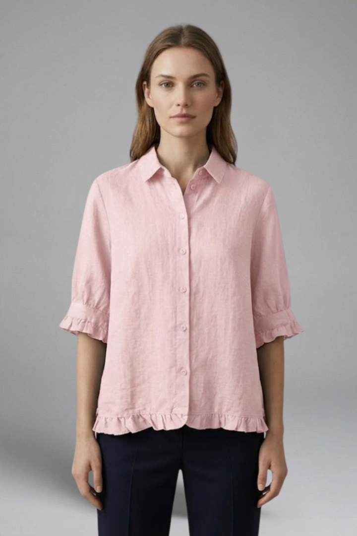 Reinhilde | Women's Collared Short Sleeve Blouse with Ruffle Hem