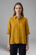 Reinhilde | Women's Collared Short Sleeve Blouse with Ruffle Hem