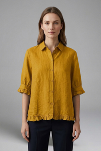 Reinhilde | Women's Collared Short Sleeve Blouse with Ruffle Hem