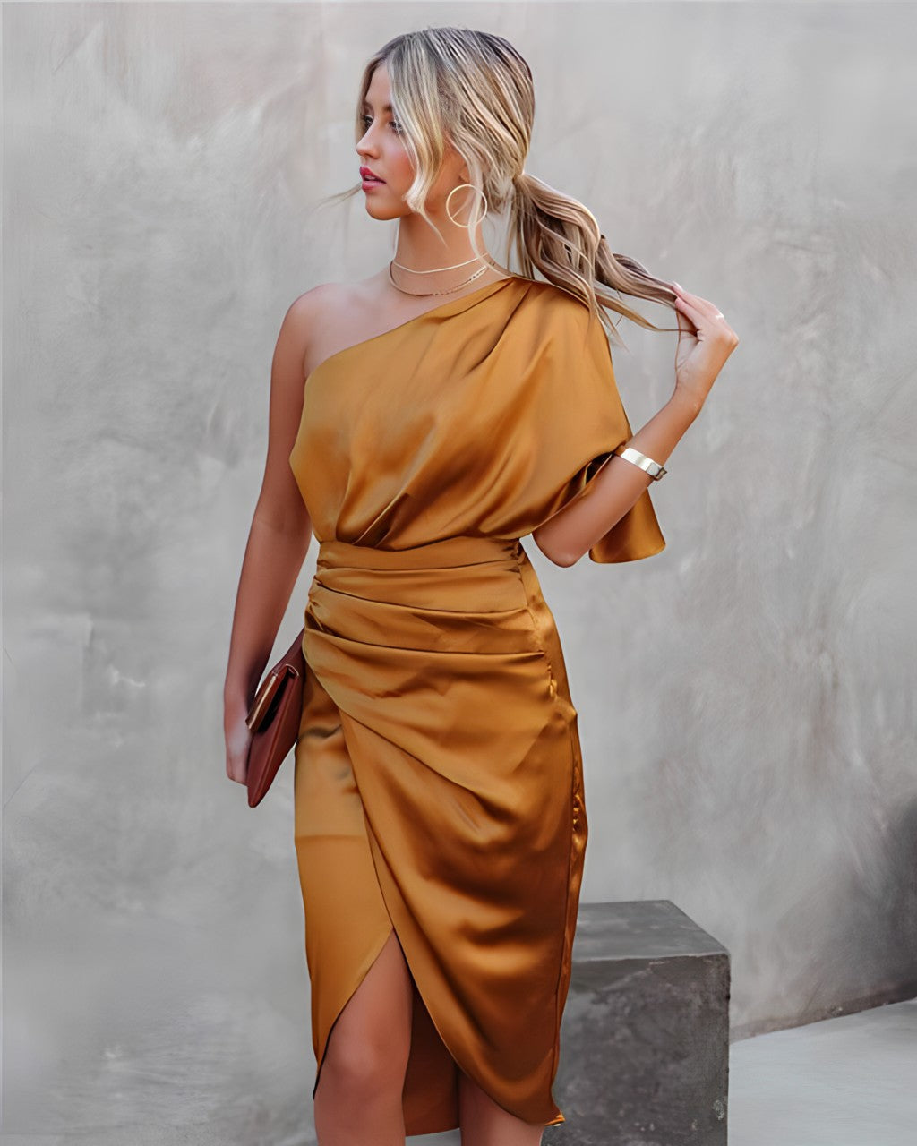 Kastanja | Women's One-Shoulder Ruched Midi Dress